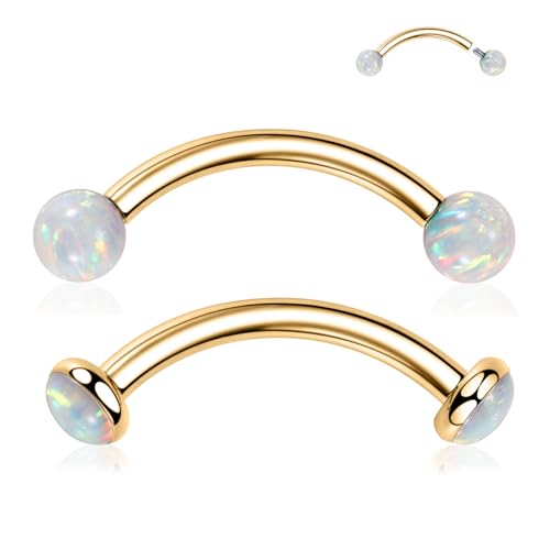 G23 Titanium Eyebrow Piercing Jewelry Eyebrow Rings Curved Barbell 16G Eyebrow Belly Button Ring Navel Rings Rook Daith Earrings Lip Ring Eyebrow Jewelry 6mm-12mm - color: 2PCS,Ball Shape White Opal+Disc Shape White Opal,Gold