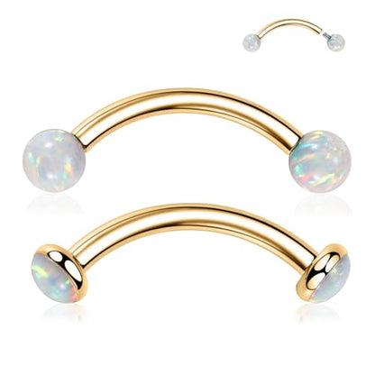 G23 Titanium Eyebrow Piercing Jewelry Eyebrow Rings Curved Barbell 16G Eyebrow Belly Button Ring Navel Rings Rook Daith Earrings Lip Ring Eyebrow Jewelry 6mm-12mm - color: 2PCS,Ball Shape White Opal+Disc Shape White Opal,Gold