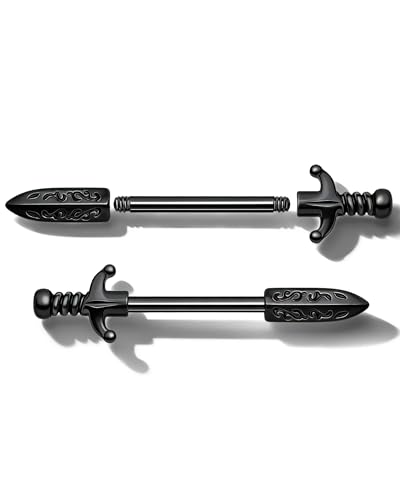Jewseen 14G Nipple Rings Sword Nipple Piercing Jewelry Surgical Steel Nipple Barbell Straight Bar Body Piercing Jewelry for Women - color: Black