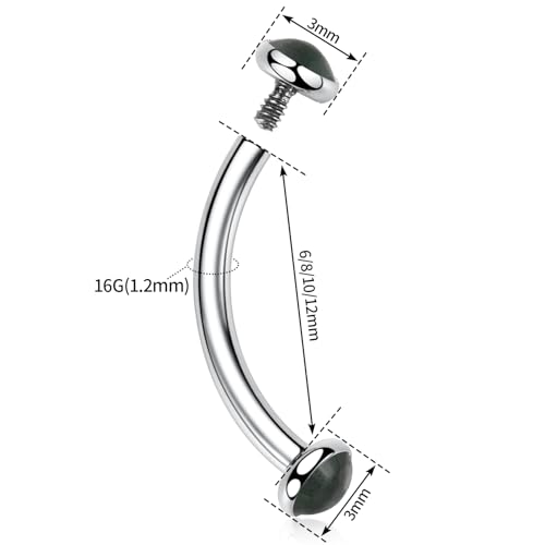 GAGABODY G23 Titanium Eyebrow Piercing Jewelry Curved Barbell Lip Ring | Internal Thread Used in Eyebrow,Belly,Rook 16 Gauge from 6mm to 12mm Lightweight Daily for Woman and Man Sensitive Skin - color: 1Pc-Disc Shape Silver+Moss Agate, size: 16G-10mm
