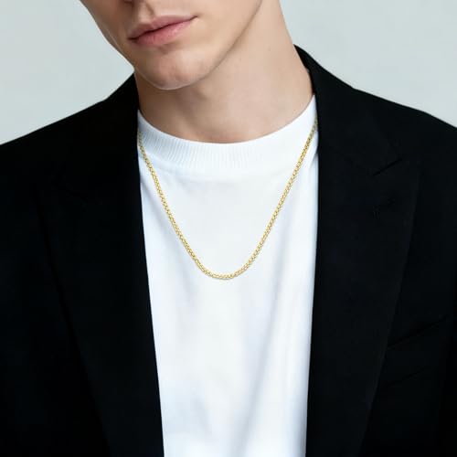 Eusense Stainless Steel Chain Necklace for Men Women Rolo/Wheat/Snake/Box Chain, 2-3MM, 20-24 Inches with Delicate Gift Box - color: 14K Gold-Plated, size: 20+2 Inches Length, style: Rolo Chain-2MM Width