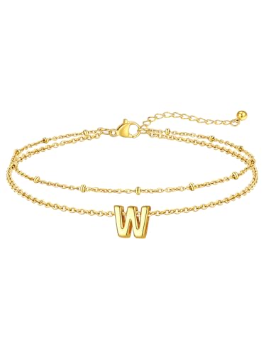 FaithHeart Initial Ankle Bracelets for Women, Waterproof 14k Gold Plated Initial Anklets Non Tarnish Stainless Steel Cute Layered Anklet Summer Beach Jewelry - color: Gold, size: Initial W