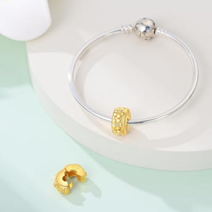 Charm for Bracelets and Necklaces Heart Cat Flower Boy 925 Sterling Silver Bead Birthday Jewelry Gift for Women - color: Gold Flowers Clip Charm