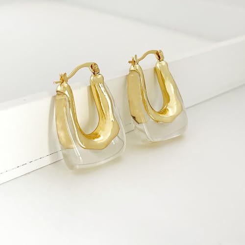 Acrylic Hoop Earrings for Women Gold Chunky Statement Huggie Earrings Clear Green Resin Drop Earring Minimalist Trendy Jewelry Gift - color: clear hoop