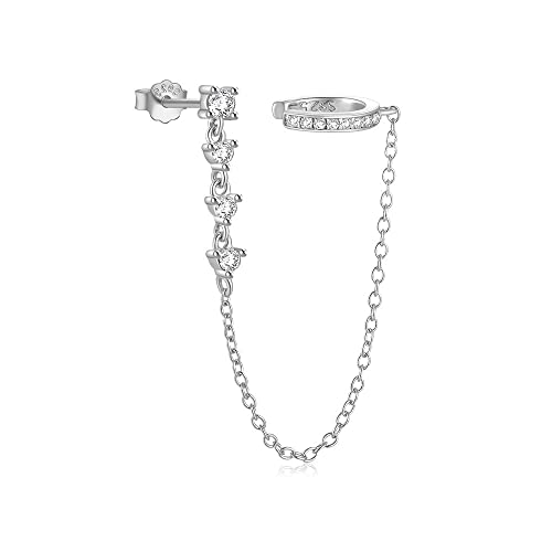 Crystal Ear Cuff Tassel Cartilage Stud Earring for Women Girls 925 Sterling Silver CZ Clip On Huggie Hoops Climber Crawler Long Chain Dangle Drop Hypoallergenic Earrings Fashion 1 Pcs Jewelry Gifts Birthday - color: Silver