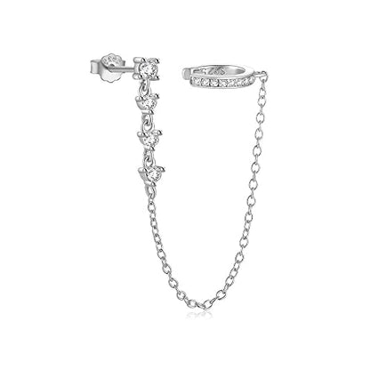 Crystal Ear Cuff Tassel Cartilage Stud Earring for Women Girls 925 Sterling Silver CZ Clip On Huggie Hoops Climber Crawler Long Chain Dangle Drop Hypoallergenic Earrings Fashion 1 Pcs Jewelry Gifts Birthday - color: Silver