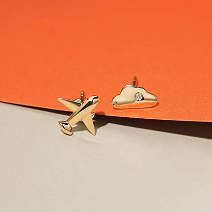 Carleen 18k Solid Yellow Gold Cloud & Airplane Stud Earrings Dainty Tiny Single Statement Earring Delicate Fine Diamond Stud Earring For Women