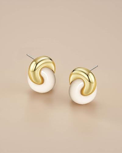 Small Twist Interlock Chunky 18K gold plated Gemstone Natural Stone (Brown, Green, Pink, White) Statement Earrings for Women by SNGIA, Dainty Love Knot Tiger Eye Amber Jade Tourmaline Bold Handmade Exaggerated Dome Retro Rounded Button Half Ball Trendy Bo