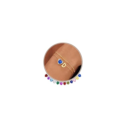 14K Gold Plated Heart Initial Birthstone Gold Bracelets for Women | Dainty Heart Letter A-Z Charm Layered Bracelets Birthday Trendy Jewelry Gifts for Women - color: D