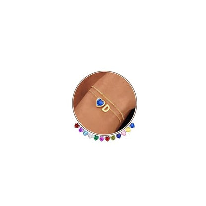14K Gold Plated Heart Initial Birthstone Gold Bracelets for Women | Dainty Heart Letter A-Z Charm Layered Bracelets Birthday Trendy Jewelry Gifts for Women - color: D