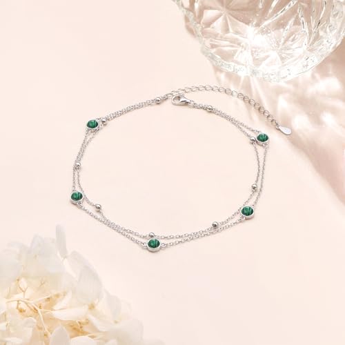Flyow Anklet for Women S925 Sterling Silver Adjustable Foot Beaded Heart Charm Ankle Bracelet Anklets Jewelry - style: Malachite