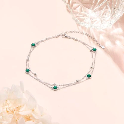 Flyow Anklet for Women S925 Sterling Silver Adjustable Foot Beaded Heart Charm Ankle Bracelet Anklets Jewelry - style: Malachite
