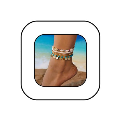 Boho Shell Ankle Bracelet Set for Women Gold Plated Adjustable Anklet Beach Inspired Foot Jewelry with Starfish & Pearl Charms - color: F