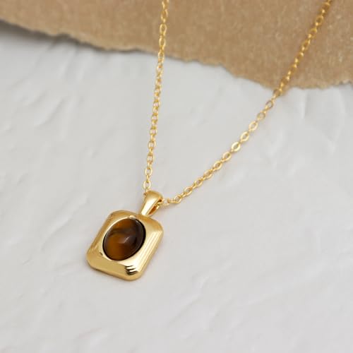 Jean Beau Gold Stone Pendant Necklaces for Women, Chunky Gemstone Dangle Necklace Wedding Prom Fashion Jewelry Gift - color: Square Brown