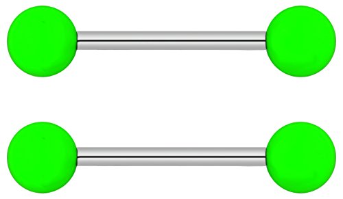 Forbidden Body Jewelry 14g 16mm (5/8 Inch) Hypoallergenic Titanium Double Ball Nipple & Tongue Ring Barbells - style: Green