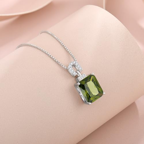 Emerald Cut Birthstone Necklace for Women 925 Sterling Silver | Baguette Birthstone Pendant Necklace, Jewelry for Mom Wife - color: Olive Green