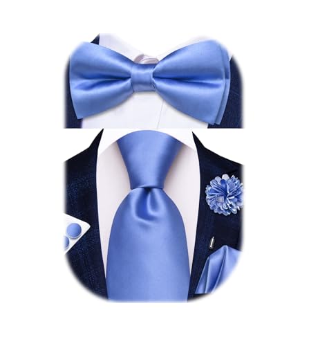 Hi-Tie 5Pcs Mens Solid Color Silk Tie Satin Pretied Bowtie Lapel Pin for Men Handkerchief Cufflink Wedding Gift Box - color: Bright Blue