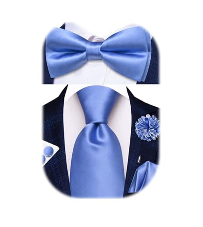 Hi-Tie 5Pcs Mens Solid Color Silk Tie Satin Pretied Bowtie Lapel Pin for Men Handkerchief Cufflink Wedding Gift Box - color: Bright Blue
