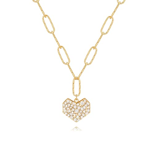 18k Gold Plated Chain Link Necklace for Women, Baroque Pearl/Compass Pendant Necklace - color: Pave Heart