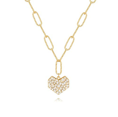 18k Gold Plated Chain Link Necklace for Women, Baroque Pearl/Compass Pendant Necklace - color: Pave Heart