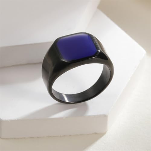 PAURO Unisex Stainless Steel Minimalist Square Enamel Signet Ring Plated Glossy Wedding Band - color: Black Blue