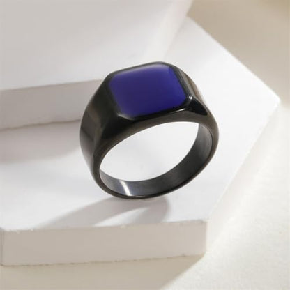 PAURO Unisex Stainless Steel Minimalist Square Enamel Signet Ring Plated Glossy Wedding Band - color: Black Blue