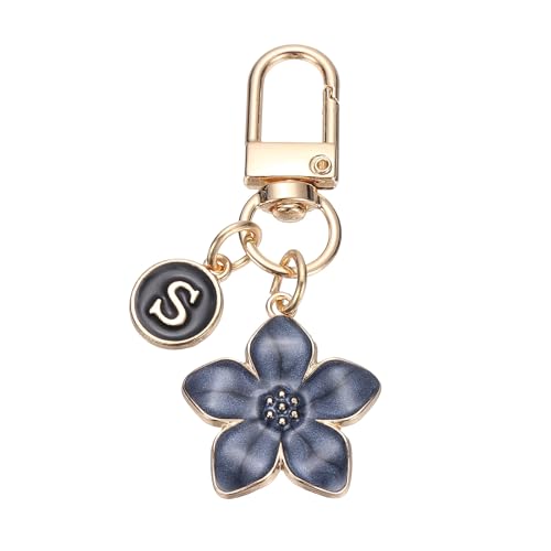 PATIKIL Flower Initial Keychain, Letter Keychain Charm Graceful Flower with Letter for Women Pendant Key - color: Black