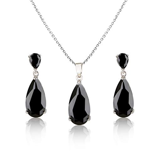Wedding Jewelry Set for Bridesmaids - Sterling Silver Teardrop CZ Crystal Cubic Zirconia Rhinestone Diamond Bridal Necklace Earrings Set for Bride Mother of Bride Party Prom Birthstone Costume Jewelry - color: Dec-Black Zircon