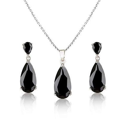 Wedding Jewelry Set for Bridesmaids - Sterling Silver Teardrop CZ Crystal Cubic Zirconia Rhinestone Diamond Bridal Necklace Earrings Set for Bride Mother of Bride Party Prom Birthstone Costume Jewelry - color: Dec-Black Zircon