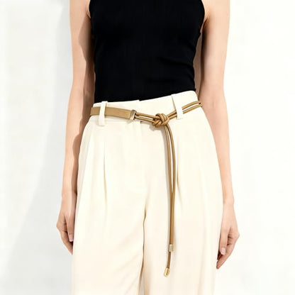 Women's Knotted Thin Waist Belt PU Leather Skinny Belts for Dresses Pants - color: Khaki
