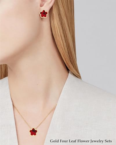 Clover Jewelry Set 3 PC - 18K Gold Plated Stainless Steel Y Necklace Four Leaf Pendant, Clover Link Bracelet Charm, Flower Earrings, Hypoallergenic Non-Tarnish,Simple Luxury Lucky Gifts for Women - color: Red