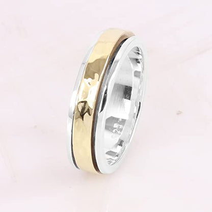 Hammered Spinner Ring for Women, 925 Sterling Silver & Brass Two-Tone Fidget Band