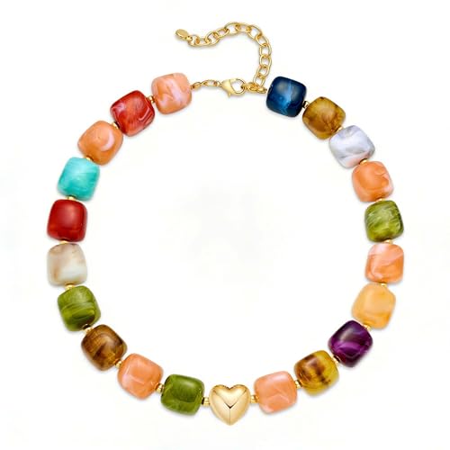 Multicolor Beaded Necklace,Chunky Cube Beaded Statement Necklace, Boho Resin Choker Necklace for Women,Lightweight & Cool, Suitable for Beach, Vacation, Daily Wear & Summer Parties - color: Colorful-Heart
