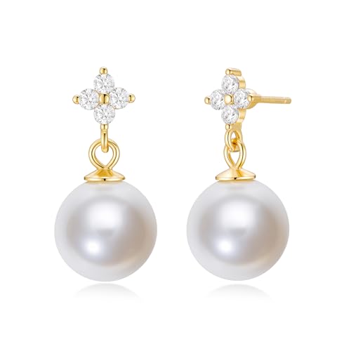 Mameloly Pearl Drop Earrings 925 Sterling Silver CZ 10MM Simulated Pearl Earrings for Women Dangle Trendy Jewelry for Women Hypoallergenic - color: Gold CZ