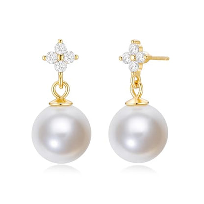 Mameloly Pearl Drop Earrings 925 Sterling Silver CZ 10MM Simulated Pearl Earrings for Women Dangle Trendy Jewelry for Women Hypoallergenic - color: Gold CZ
