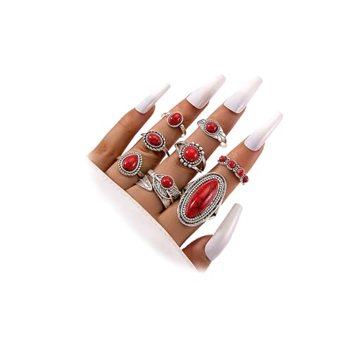 8Pcs Boho Vintage Turquoise Rings Set for Women, Unique Retro Oval Dome White Crystal Stone Knuckle Finger Ring Western Cowgirl Party Jewelry Gifts - color: Red