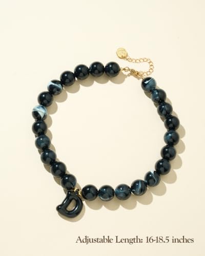 DoDoBeads Chunky Colorful Beaded Initial Necklace, Bubble Letter Choker | Gift box and dust pouch included; waterproof and sweat-resistant with real gold plated stainless steel hardware - color: Black-D