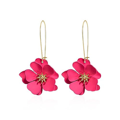 Bohemian Daisy Flower Matte Floral Long Petal Drop Dangle Earrings Layered Tiered for Women Chic Boho Wedding Jewelry - color: Light Red