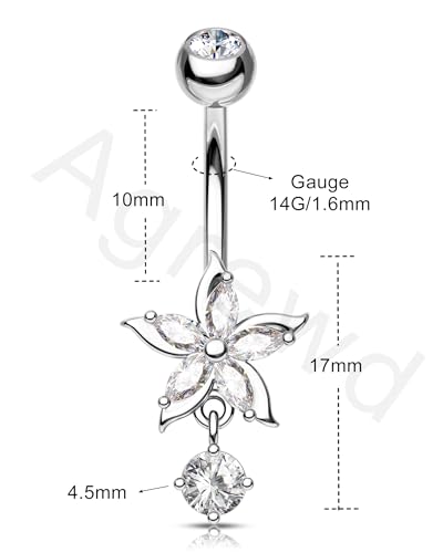 Flower Belly Button Ring 14G Dangle Navel Rings Stainless Steel Belly Button Piercing Jewelry - color: WG-10MM