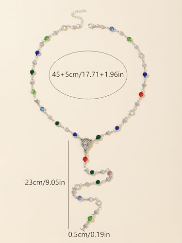 Colorful Crystal Long Necklace for Women Dainty Boho Y-Shaped Color Bead Necklaces Sparkly Rhinestone Pendant Layered Gold Long Chain Choker Good Luck Trend Jewelry Gift Jewelry - color: Head-Silver