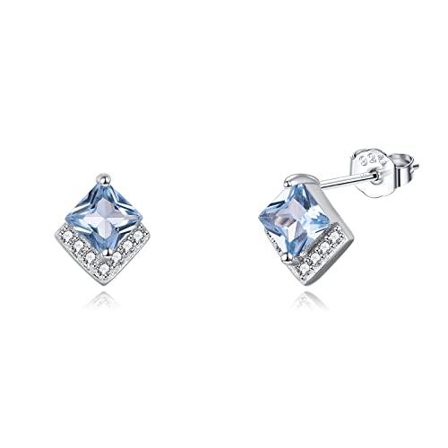 Birthstone Stud Earrings Sterling Silver Square Created Crystal Earrings Cubic Zirconia Hypoallergenic Piercing Jewelry Small Gifts for Women Mothers - color: Mar-Aquamarine