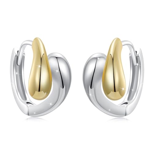 14K Gold Plated Two-Tone Oval Hoop Earrings for Women, Water Drop Design Lightweight Huggie Earrings,925 Sterling Silver Posts Double Drop Chunky Hoops Hypoallergenic Ear Buckles - color: Silver