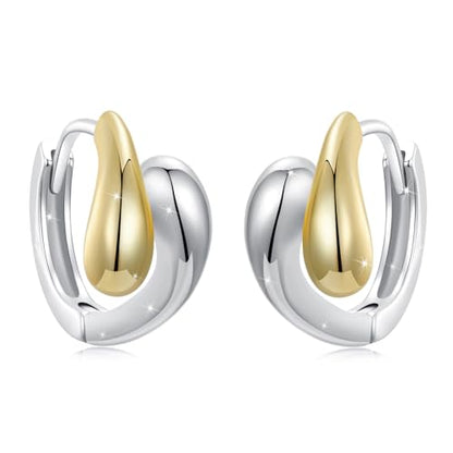14K Gold Plated Two-Tone Oval Hoop Earrings for Women, Water Drop Design Lightweight Huggie Earrings,925 Sterling Silver Posts Double Drop Chunky Hoops Hypoallergenic Ear Buckles - color: Silver
