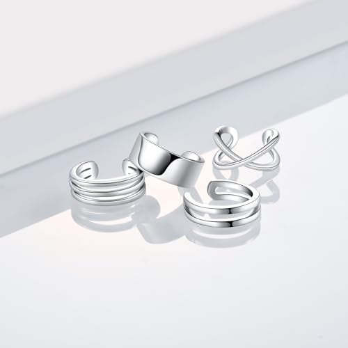 CHIC & ARTSY Sterling Silver Ear Cuff Set - Hypoallergenic, Simple, Adjustable No Piercing Clip on Earrings - color: #4 silver