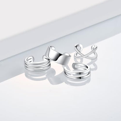 CHIC & ARTSY Sterling Silver Ear Cuff Set - Hypoallergenic, Simple, Adjustable No Piercing Clip on Earrings - color: #4 silver