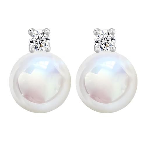 Faux Pearl Cubic Zirconia Stud Earrings, Hypoallergenic Lightweight Round Pearl Studs for Women - color: Pinkish White, size: Pearl 10mm-CZ 3mm