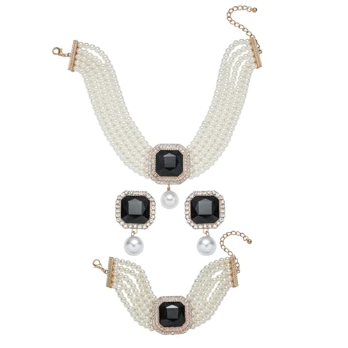 Fashion Bride Silver Black Green Bridal Layered Rhinestone Crystal 1920s Faux Pearls Necklace Earrings Bracelet Set Crystal Wedding Jewelry Set Rose Red Square Choker Necklace for Women - color: Black