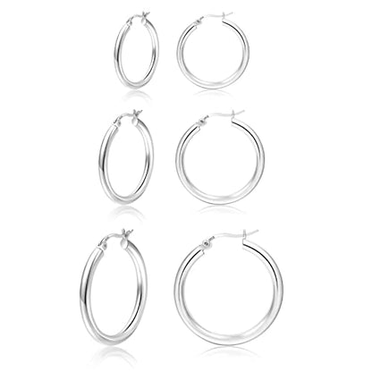 PABBEU 925 Sterling Silver Small Hoop Earrings Set for Women Hypoallergenic | 3Pairs Cubic Zirconia Small Huggie Hoop Earrings Set 13/15/20mm,Nickel-Free Lightweight Comfortable Sleeper Earrings Gift Set - color: T 20/30/40mm Silver