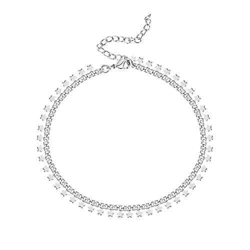 PAVOI 14K Gold Plated Anklet for Women - Trendy Link Chain Ankle Bracelet Summer Jewelry - Boho Dainty Anklets with Cubic Zirconia, Beaded, Evil Eye, Star, Station, Pearls Adjustable Gold Jewelry - style: Star