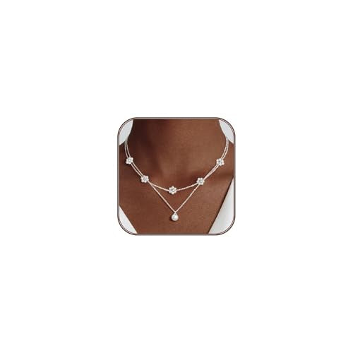 OGD Gold Pearl Necklace Set for Women 14K Plated Layered Daisy Choker Gift - color: 2PCS-Daisy Pearl-Silver